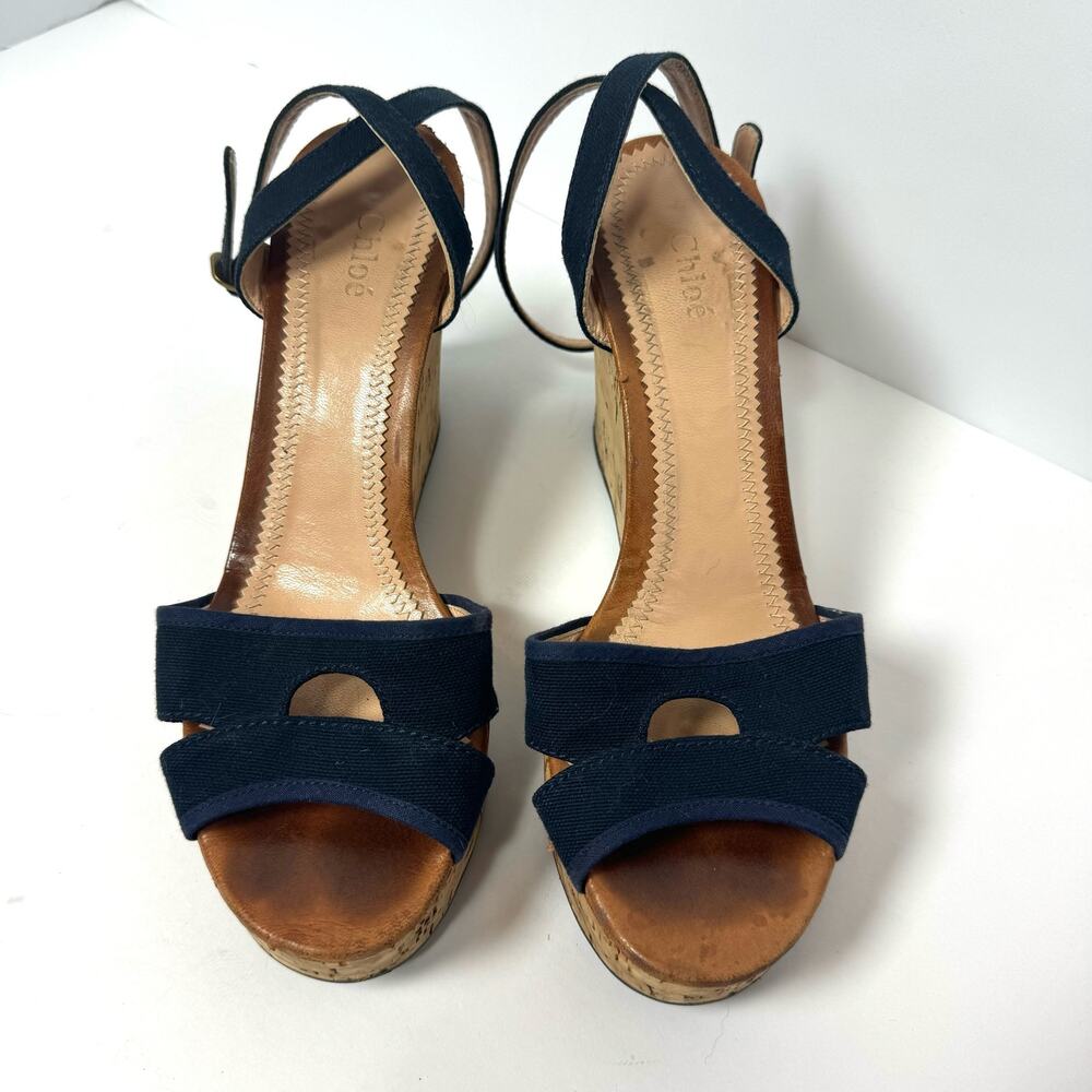 CHLOE Blue Wedge Open Toes Sandal Heel Size 40